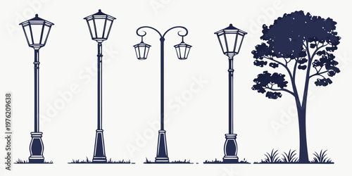 Set of vintage street lamp silhouettes and a leafy deciduous tree graphic classic urban park lighting elements on white background silhouette parkland furniture landscape