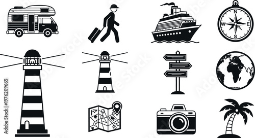 A collection of black and white icons representing travel and navigation, including a campervan, person with luggage, cruise ship, compass, lighthouse, signpost, globe, palm tree, map, and camera