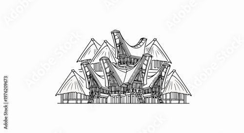 Stylized black and white illustration of traditional, multi-peaked, stilted buildings
