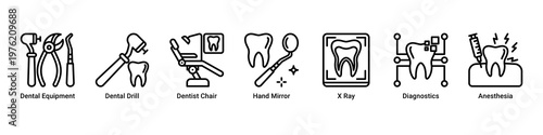 Dental Tools web banner icon vector illustration with icons of Dental Equipment,Dental Drill,Dentist Chair,Hand Mirror,X Ray,Diagnostics and Anesthesia