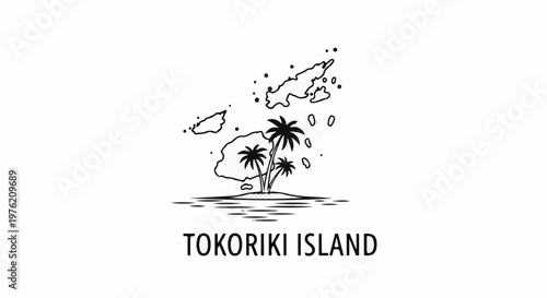 Stylized black and white illustration of tropical islands with palm trees and text