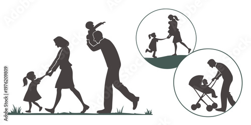 Silhouettes depicting family life parents pulling children and a father with a stroller children silhouette daughter togetherness parenthood childhood