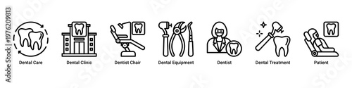 Dental Service web banner icon vector illustration with icons of Dental Care,Dental Clinic,Dentist Chair,Dental Equipment,Dentist,Dental Treatment and Patient