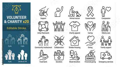 Vector thin line icons related with humanitarian causes - volunteering, adoption, donations, charity, non-profit organizations.djustable stroke and scalable design
