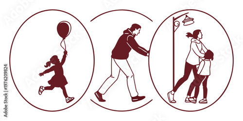 Silhouettes of parents and children in different activities and moods with street light children silhouette daughter togetherness parenthood childhood parenting