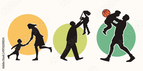 Silhouettes of parents and children engaged in playful activities with colorful circles children silhouette daughter togetherness parenthood childhood parenting