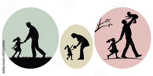 Set of black silhouettes of parents and children in circular and oval frames showing family activities with silhouette children parenting togetherness childhood daughter