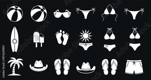 A black and white image featuring various beach related icons including swimwear, footwear, and accessories