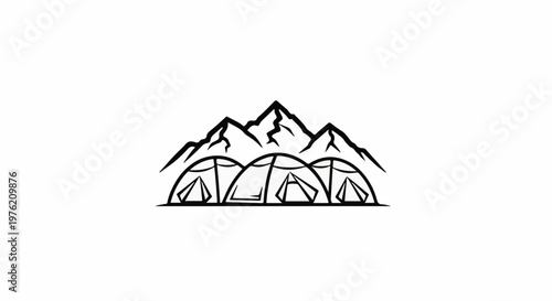 Stylized black line art of three camping tents beneath a mountain range