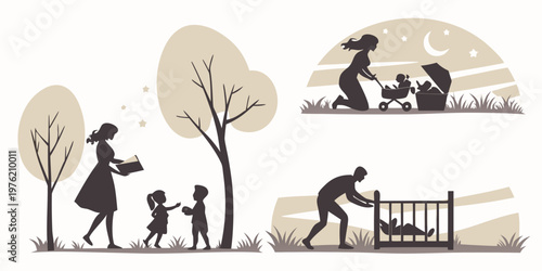 Silhouette illustration of nighttime family routines showing a mother reading to children under stars, and parents putting infants to sleep in strollers and a baby crib