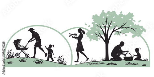 Vector silhouettes of outdoor family life featuring a father pushing a baby stroller, a woman carrying books, and a parent and child gardening together under a large tree
