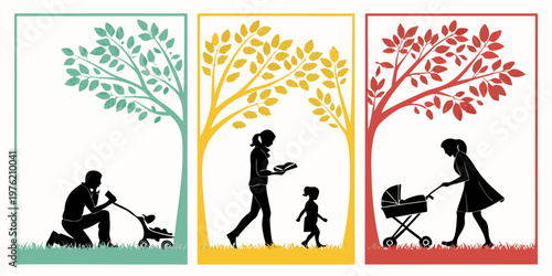 Three panel silhouette illustration of family life with parents walking and caring for children under stylized autumnal trees in green yellow and red frames, silhouette
