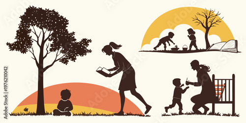Silhouetted scenes of early childhood development and parenting including a woman reading near a child, children playing with sand, and a mother tending to a baby in a crib