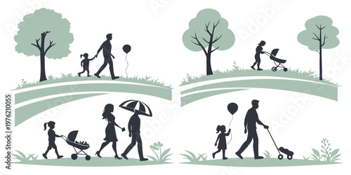 Set of four silhouette illustrations depicting families walking in a park setting with trees and strollers representing different parenting moments and weather, silhouette