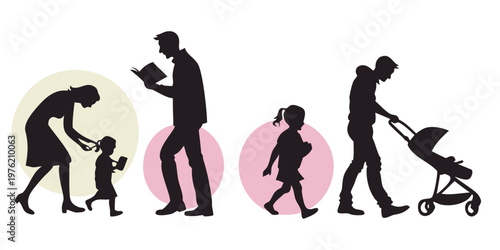 Silhouette graphics of family members in circular frames showcasing parenting tasks like grooming children walking and pushing a baby stroller against a white background