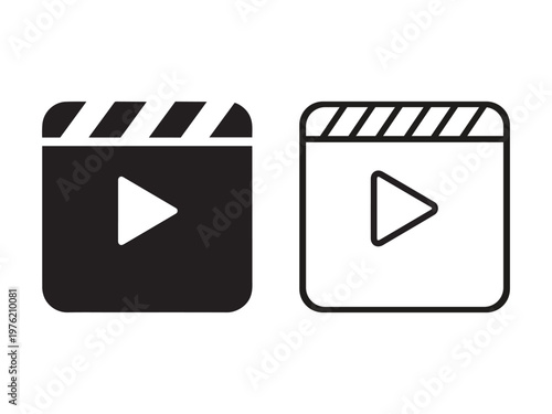 Clapper board and play button icons black and outline versions.