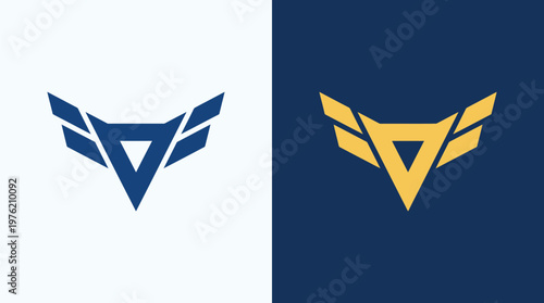 Vector graphic illustration of a stylized winged triangle logo in blue and gold colors on white and dark blue backgrounds, showcasing modern design elements and shapes
