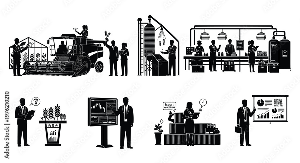 Obraz premium Business icons, office silhouettes, corporate vector graphics, workplace illustrations, 8 elements