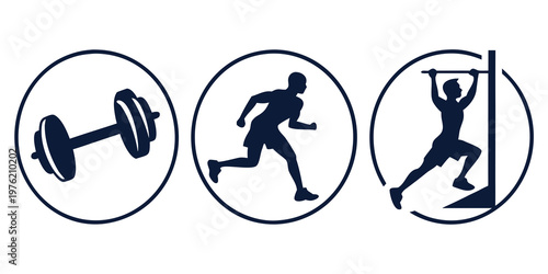 Gym training circular icons with dumbbell weightlifting running person pull-up exercise pull ups round icons gym equipment training gear weight room training routine