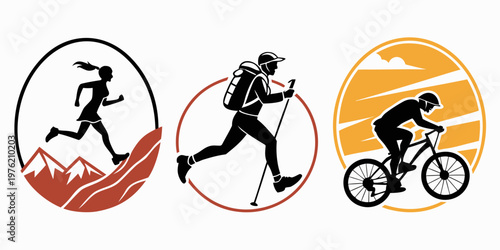 Icons of running woman hiker cyclist in circular frames with scenic backgrounds circular background mountain landscape adventure recreation lifestyle activity