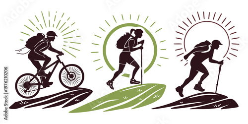 Active lifestyle icons featuring cycling hiking running with sunburst graphic mountain bike lifestyle trekking silhouette sunburst adventure recreation movement