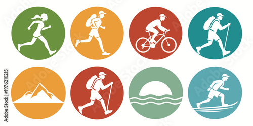 Set of minimalist outdoor sport icons representing running cycling hiking and skiing in colorful circle frames with activity collection adventure exercise lifestyle
