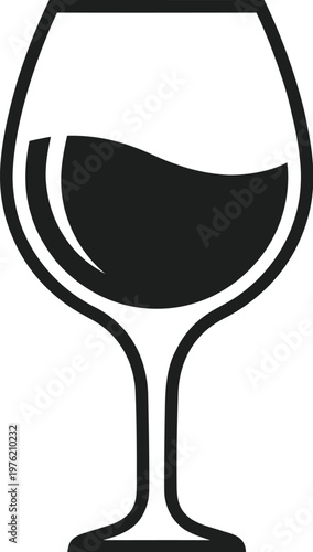 Wine glass vector illustration with a minimalist design and a small amount of red wine inside a simple black outlined glass on a white background for graphic and design use