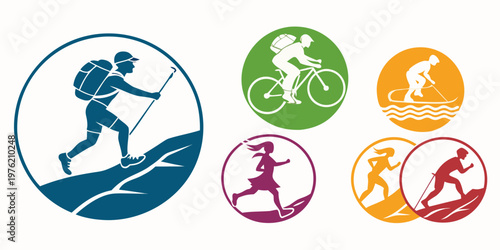 Outdoor sports and activities icons including hiking cycling water sports with mountain bike activity trekking mountaineering kayaking paddleboarding silhouette outdoors
