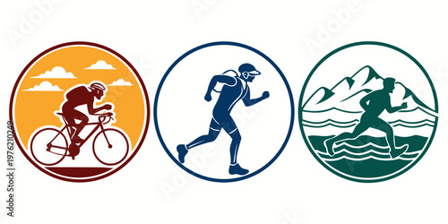 Triathlon and endurance sport badges featuring cycling running and open water swimming silhouettes against mountain landscapes for athletic and race event branding, triathlon