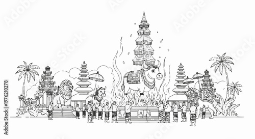 Stylized black and white illustration of a cultural ritual with a bull