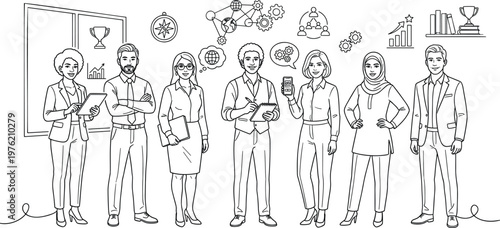 Group of diverse office employees standing together for human resources and talent acquisition marketing material vector illustration set.