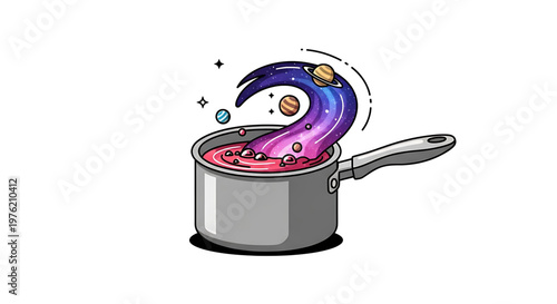 A whimsical vector illustration of a pot boiling over with a vibrant purple and pink galaxy and planets emerging from it.
