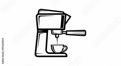 Stylized black and white line art of an espresso machine brewing coffee
