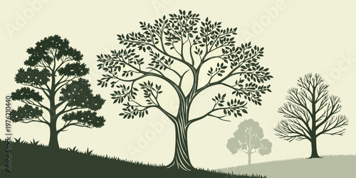 Stylized trees in silhouette on a grassy hill with varying foliage and seasons bare branches silhouette stylized illustration isolated background environment botanical