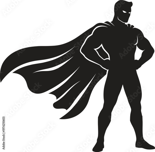 Vector illustration of a superhero standing heroically next to a small child looking up in awe and admiration at the powerful figure in a cape.