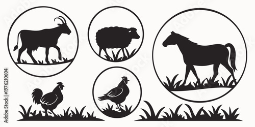 Black and white farm animal silhouettes in round frames set with silhouette livestock collection agriculture elements domestic isolated background pastoral creatures