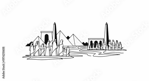 Stylized depiction of ancient Egyptian pyramids and figures by a river