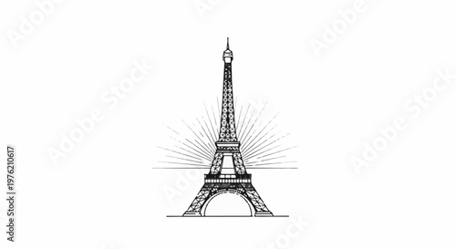 Stylized black and white line art of the Eiffel Tower with radiating lines