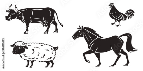 Detailed black silhouette collection of farm animals and livestock with silhouette livestock agriculture domestic isolated countryside barnyard collection creature