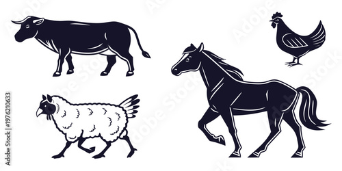 Set of black farmhouse animal silhouettes on white background with silhouette livestock agriculture domestic isolated countryside barnyard collection creature elements