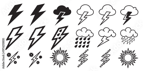 Set of weather icons and lightning bolt silhouettes featuring storm clouds, rain droplets, and sun symbols in flat black and outline styles for meteorological forecasting