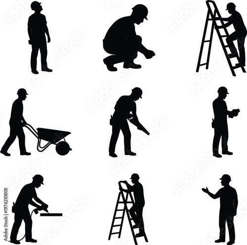 Construction worker silhouettes performing various tasks and actions in vector graphic illustration