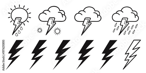 Collection of thunderstorm and lightning bolt icons with various weather conditions like rain and sun represented in solid black and thin line outline graphic designs for apps
