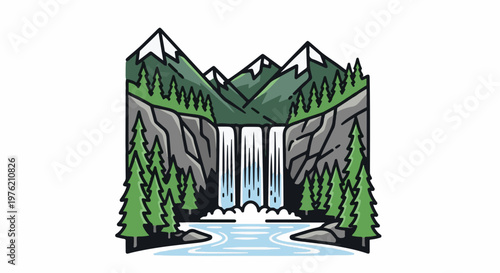 Stylized cascade plunges down rocky cliffs amidst snowy peaks and pines