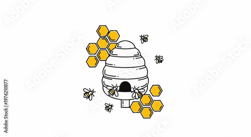 Stylized bees buzz around a layered hive and honeycomb in a minimalist drawing