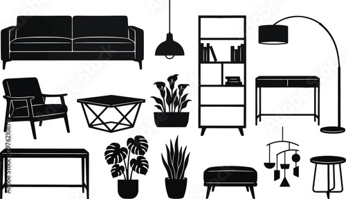 Modern home decor vector graphic illustration with furniture and plants