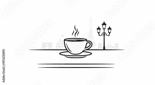 Steaming coffee cup in front of Parisian landmarks and lamppost