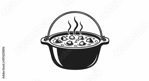 Steaming stew bubbling in a black cauldron over a white background
