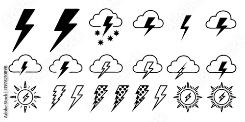 Comprehensive set of lightning bolt symbols and storm cloud icons including various artistic styles like solid fill, outline, and dotted patterns for electricity and power