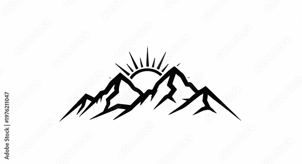 Fototapeta premium Stylized black mountain peaks silhouette with sun rays emerging from behind